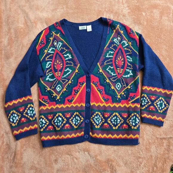 Vtg Lucia Womens Oversized 3D Knit Cardigan Sweater L Boho Paisley Embroidered - Picture 4 of 11